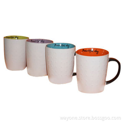 Embossed Mug with Purple/Orange/Yellow/Blue Color Glazed Inside/White Color Outside/Inner Design